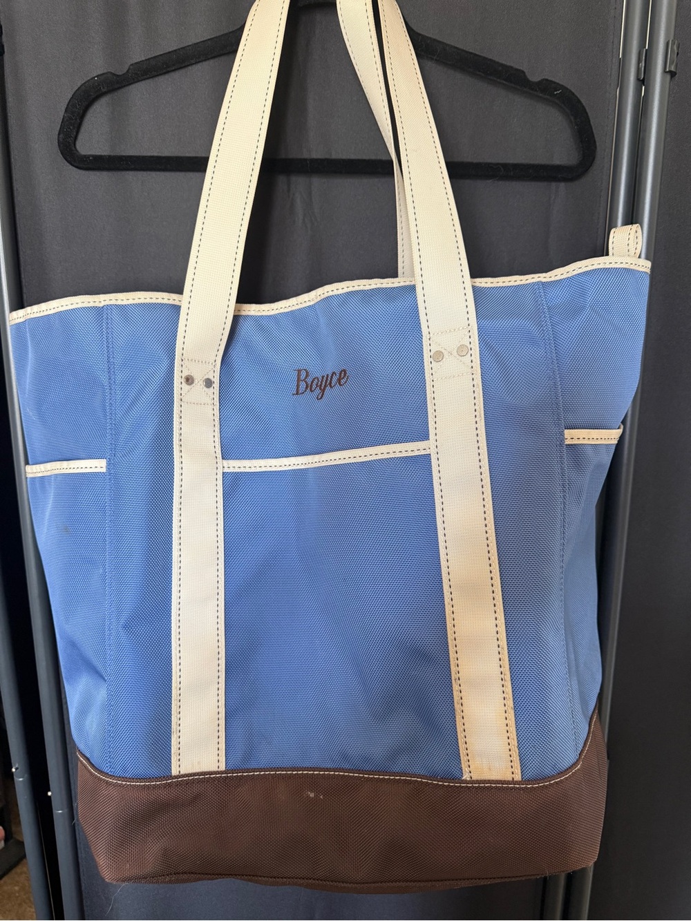 Lands’End Large Nylon Boat Tote Bag Blue Tan Brown